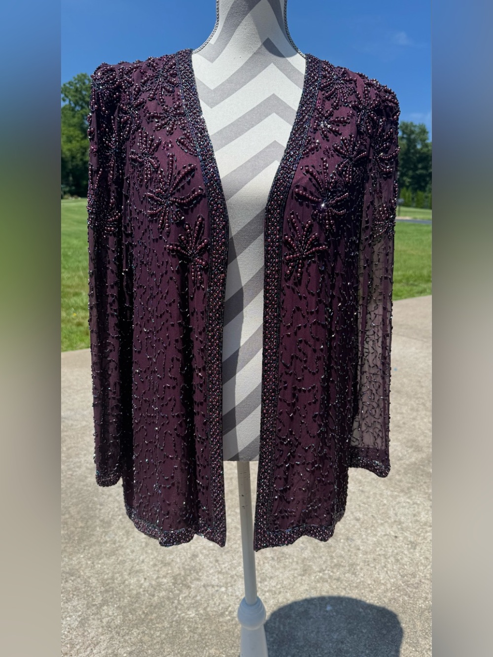Embellished Open-Front Beaded Jacket - Deep Plum